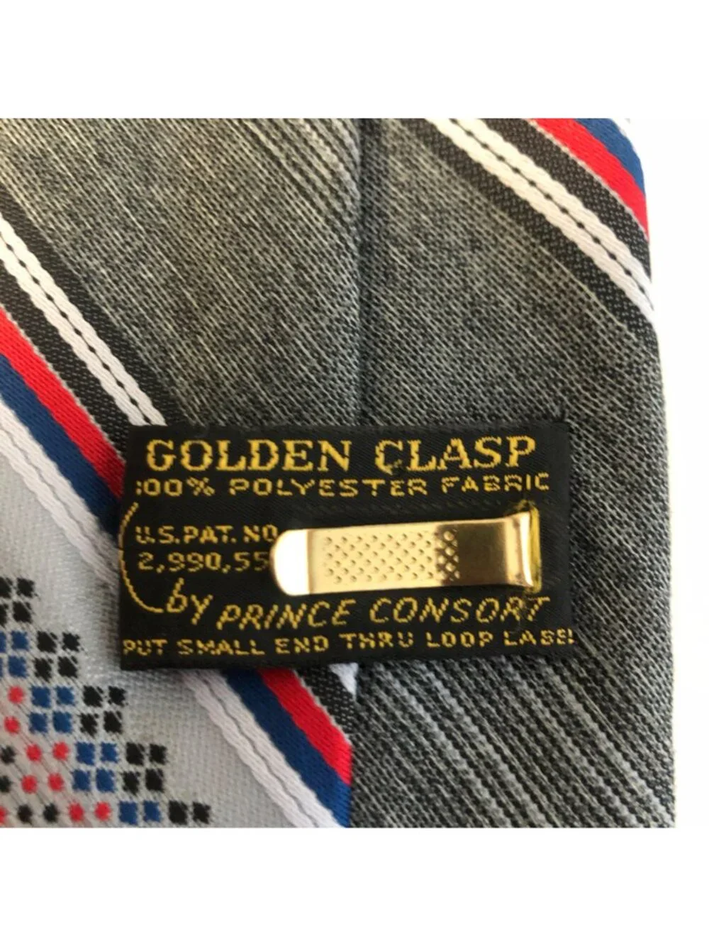 Prince Consort Mens Necktie Vintage Gray Red Stripe Golden Clasp Office Dad Gift